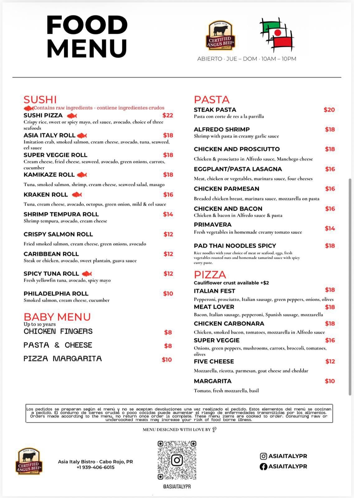 Primera hoja del menú de Asia Italy Bistro